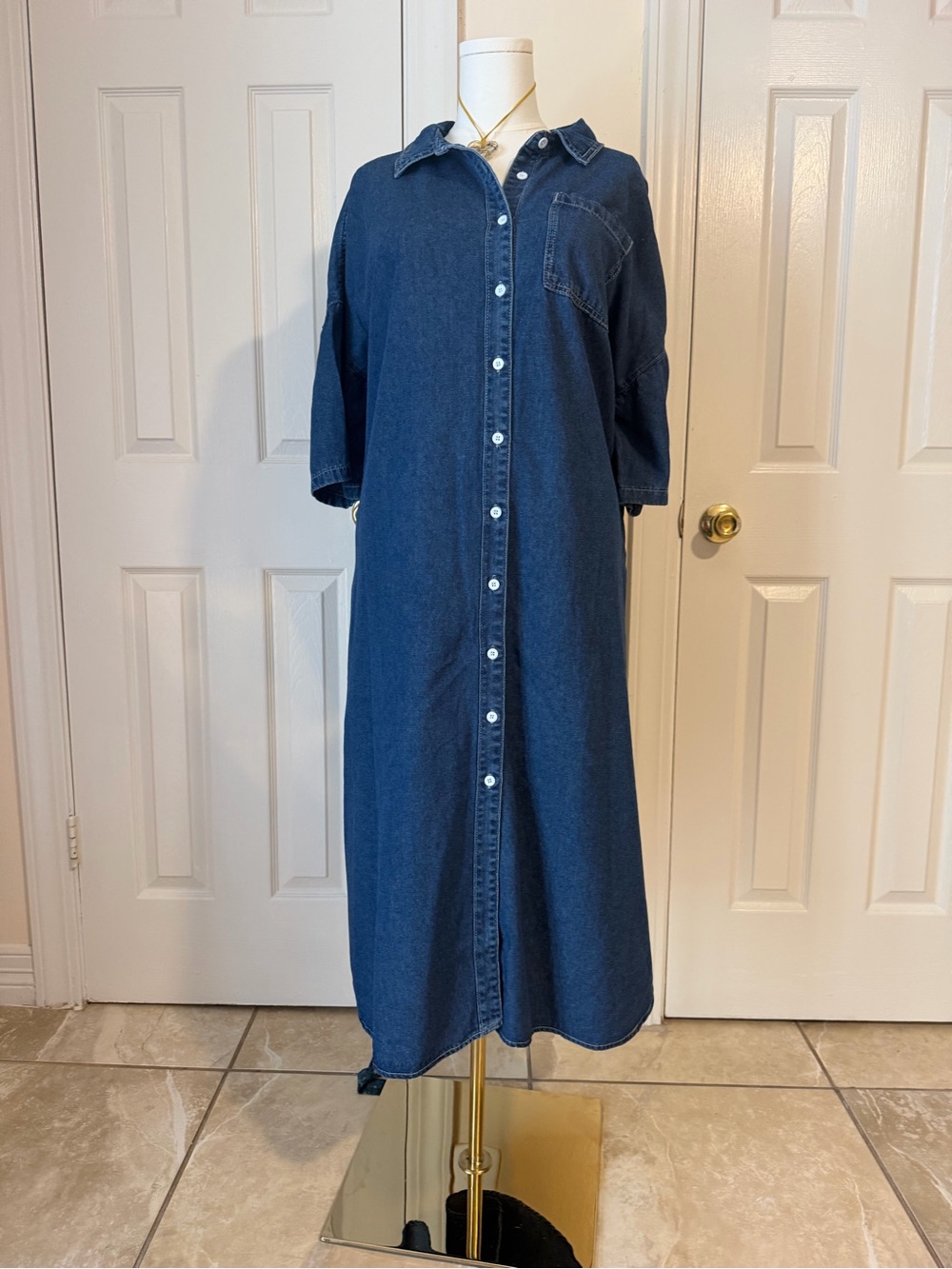 Classic Dark Blue Denim Shirt Dress - Casual Button-Front